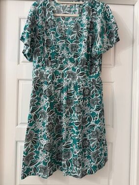 Loft Teal Floral Print Short Sleeve Dress